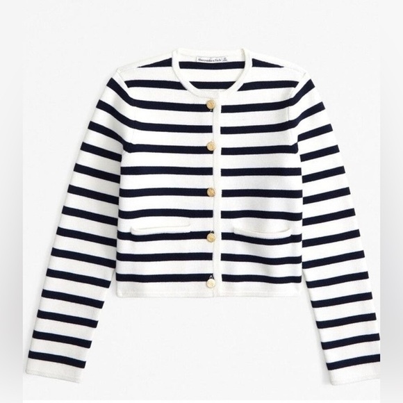 Abercrombie & Fitch LuxeLoft Crew Sweater Cardigan Jacket Dark Indigo Strips LG - Picture 2 of 7